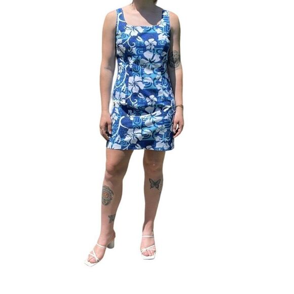 Vintage 1990s Womens Blue Hawaiian Beach Tropical Made in Hawaii Dress Sz M - Picture 1 of 6